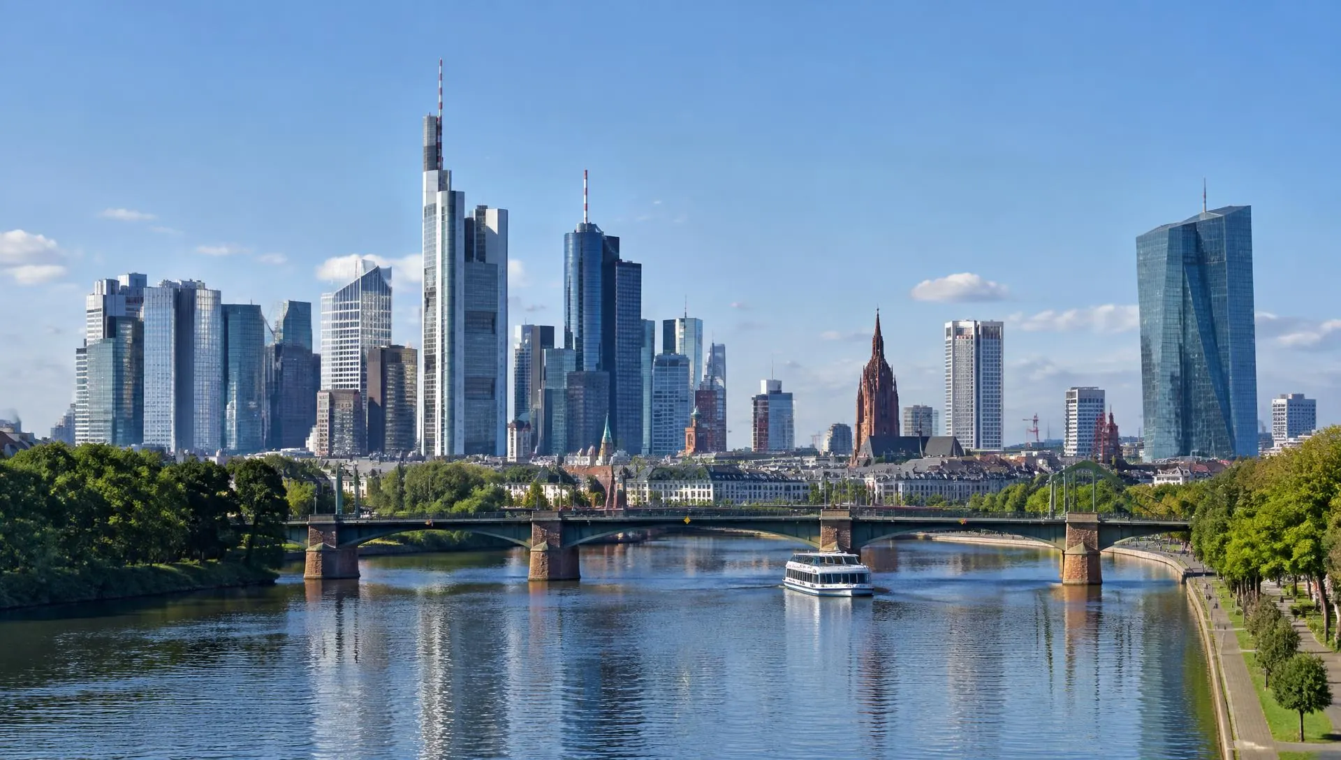 Skyline von Frankfurt am Main mit Hochhäusern, Main und Brücke